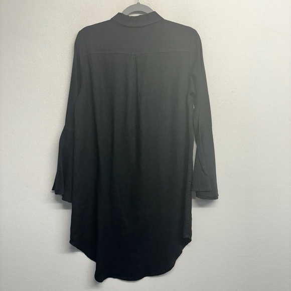 CROWN LINEN DESIGNS Black Linen Bell sleeves Button Down Shirt Tunic Dress S - Picture 2 of 6
